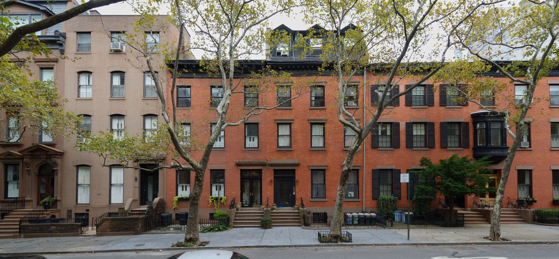 A row of 19th-century red-brick and brownstone townhouses with stoops and black shutters behind a line of plane trees in Brooklyn Heights